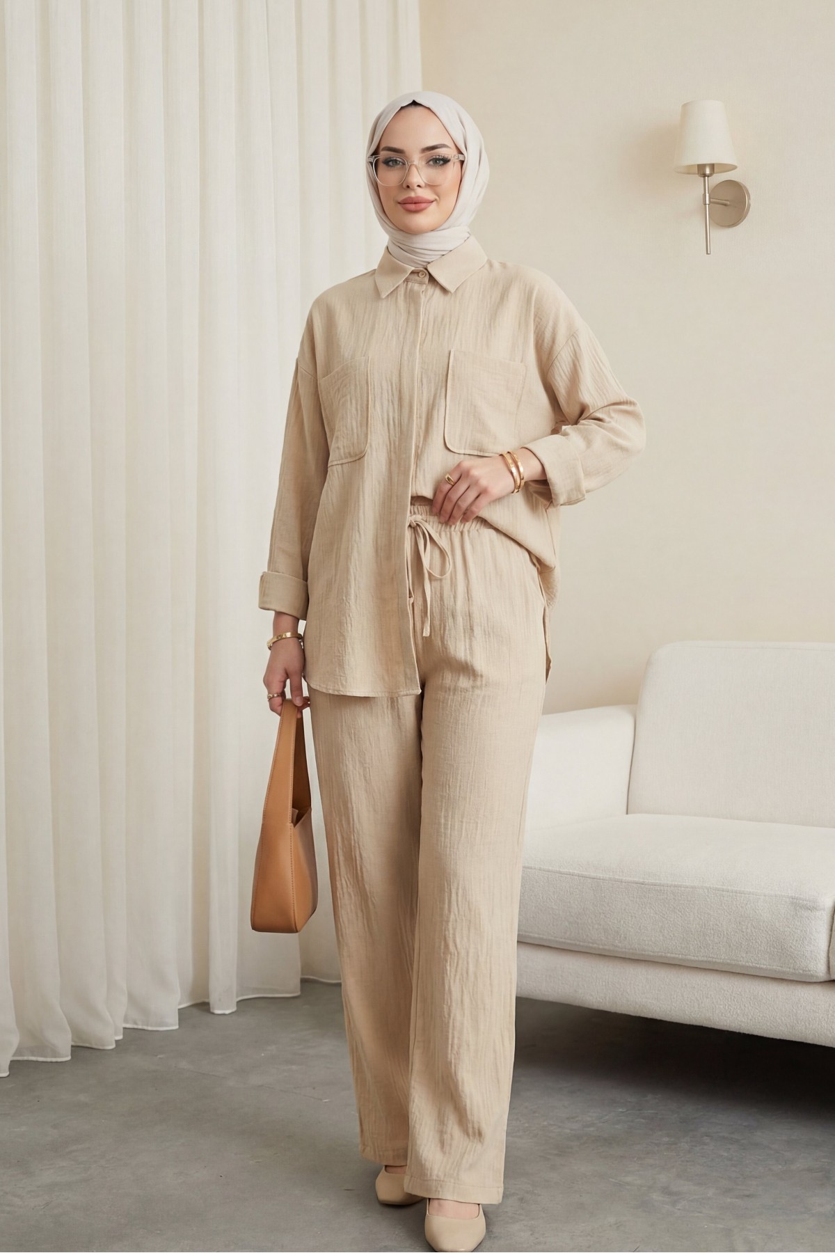 Double Linen Suit with Bellows Pocket  - Beige