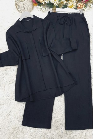 بدلة كتان مزدوجة مع جيب منفاخ   -أسود