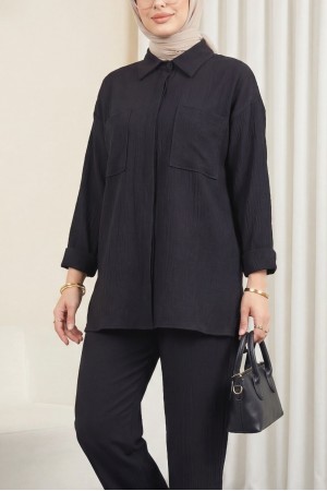 بدلة كتان مزدوجة مع جيب منفاخ   -أسود