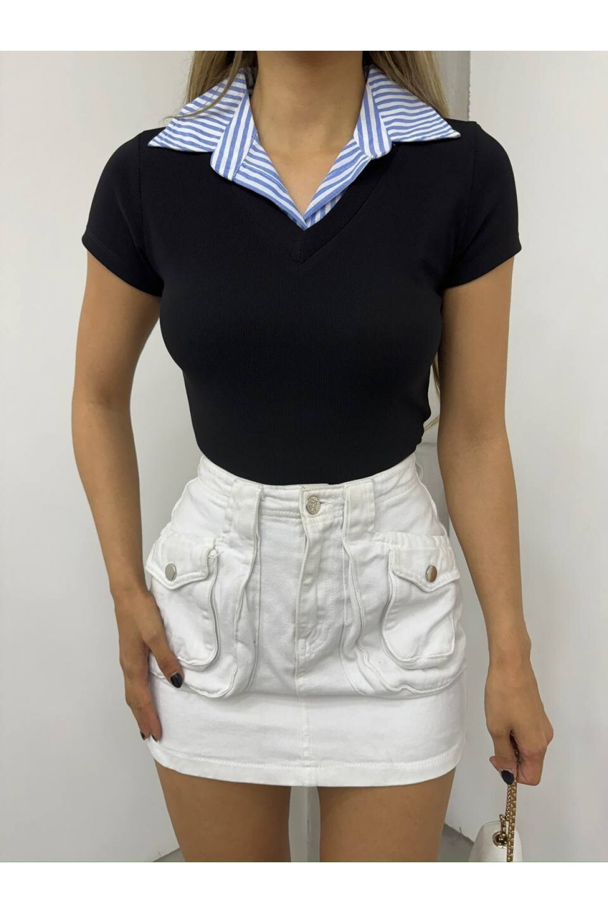 Striped Shirt Collar Blouse  -Black