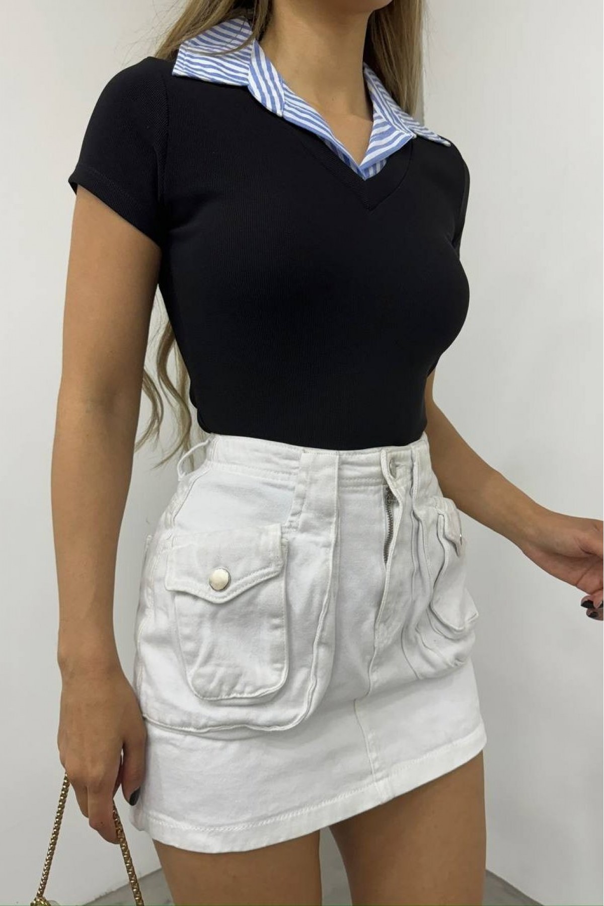 Striped Shirt Collar Blouse  -Black