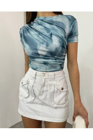 بلوزة بطباعة الباتيك على الخصر والكتف  -أزرق فاتح