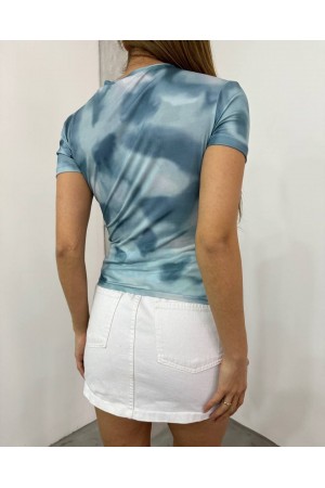 Bel Omuz Büzgülü Batik Baskı Sendy Bluz -Açık Mavi