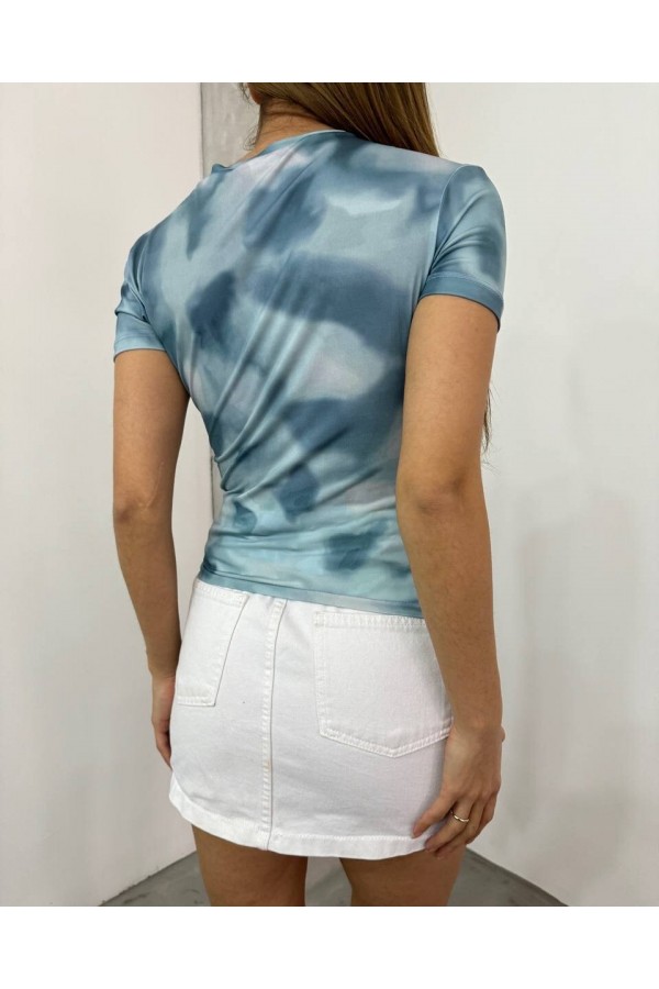 Waist Shoulder Gathered Batik Print Sendy Blouse  -Light blue