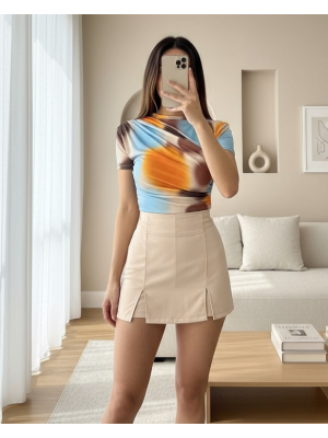 Bel Omuz Büzgülü Batik Baskı Sendy Bluz -Kayısı Rengi