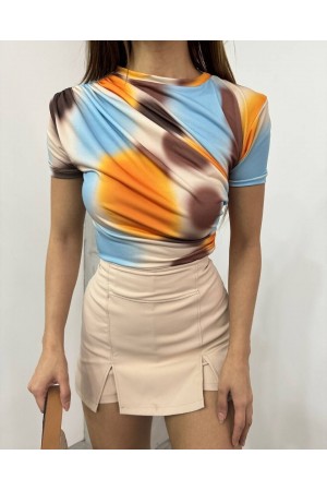 Bel Omuz Büzgülü Batik Baskı Sendy Bluz -Kayısı Rengi