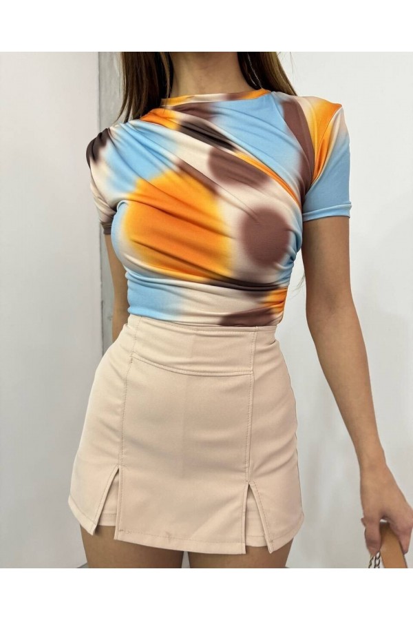 Bel Omuz Büzgülü Batik Baskı Sendy Bluz -Kayısı Rengi