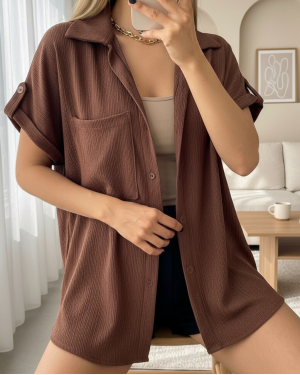 Double Sleeve Single Pocket Wrinkled Shirt  -Dark Coffee