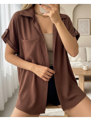 Duble Kol Tek Cepli Bürümcük Gömlek  -K. Kahve