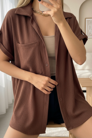 Duble Kol Tek Cepli Bürümcük Gömlek  -K. Kahve