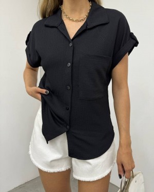 Double Sleeve Single Pocket Wrinkled Shirt  -Black