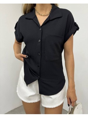 Duble Kol Tek Cepli Bürümcük Gömlek  -Siyah