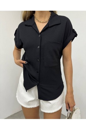 Duble Kol Tek Cepli Bürümcük Gömlek  -Siyah
