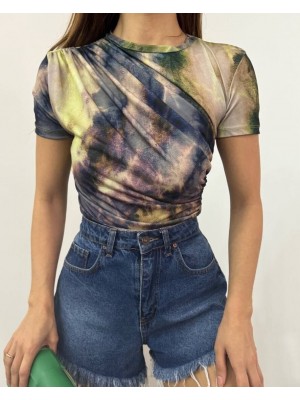 Bel Omuz Büzgülü Batik Baskı Sendy Bluz  -Yeşil