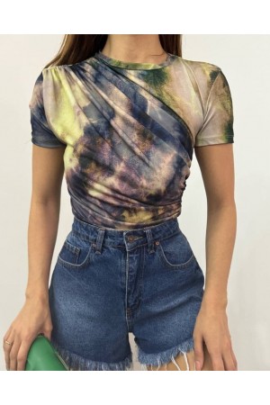 بلوزة بطباعة الباتيك على الخصر والكتف   -أخضر