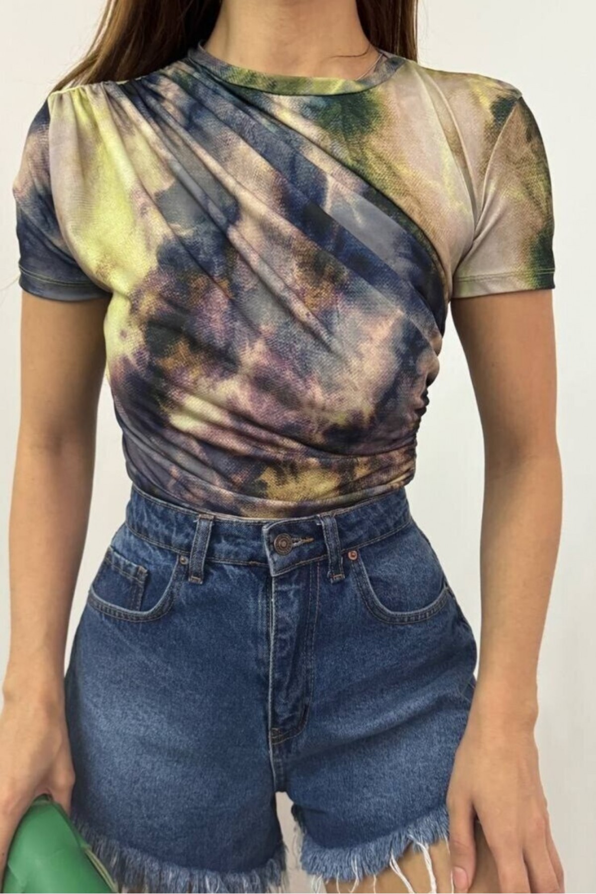 Waist Shoulder Gathered Batik Print Sendy Blouse   -Green