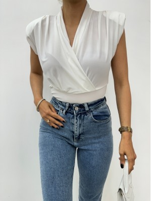 Zero Sleeve Padding Double Breasted Model Sandy Blouse -White