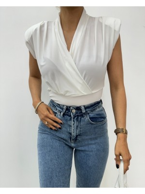 Sıfır Kol Vatkalı Kruvaze Model Sandy Bluz -Beyaz
