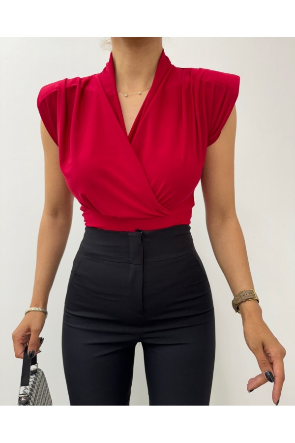Zero Sleeve Padding Double Breasted Model Sandy Blouse -Maroon