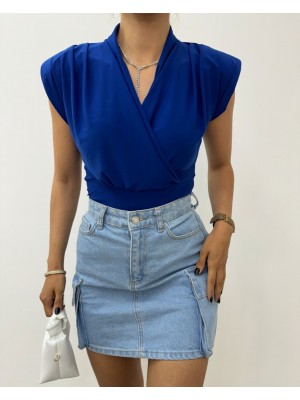 Sıfır Kol Vatkalı Kruvaze Model Sandy Bluz -Saks