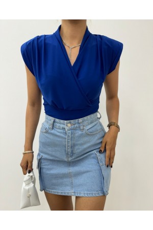 Sıfır Kol Vatkalı Kruvaze Model Sandy Bluz -Saks