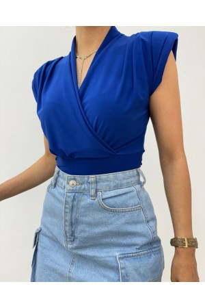 Sıfır Kol Vatkalı Kruvaze Model Sandy Bluz -Saks