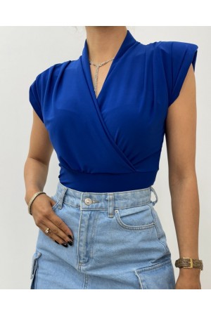 Sıfır Kol Vatkalı Kruvaze Model Sandy Bluz -Saks