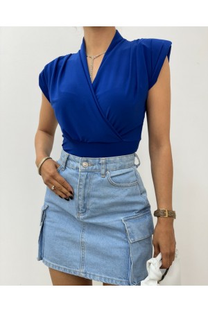 Sıfır Kol Vatkalı Kruvaze Model Sandy Bluz -Saks