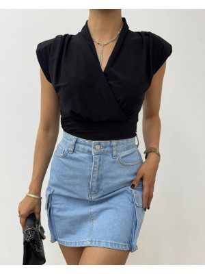 Sıfır Kol Vatkalı Kruvaze Model Sandy Bluz -Siyah