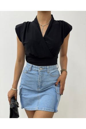 Sıfır Kol Vatkalı Kruvaze Model Sandy Bluz -Siyah