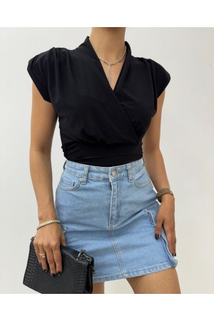 Sıfır Kol Vatkalı Kruvaze Model Sandy Bluz -Siyah