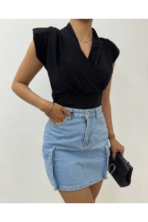 Sıfır Kol Vatkalı Kruvaze Model Sandy Bluz -Siyah
