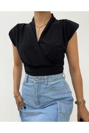 Sıfır Kol Vatkalı Kruvaze Model Sandy Bluz -Siyah