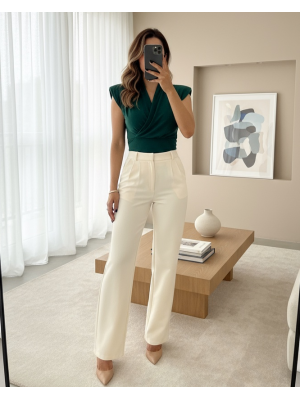 Zero Sleeve Padding Double Breasted Model Sandy Blouse -Emerald