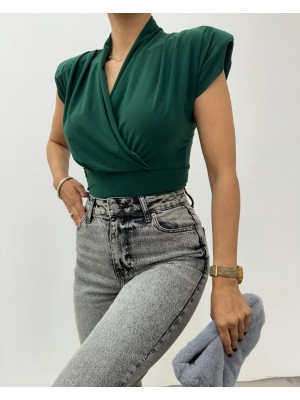 Sıfır Kol Vatkalı Kruvaze Model Sandy Bluz -Zümrüt
