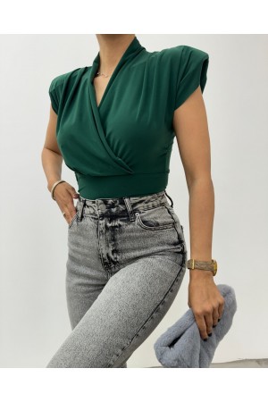 Sıfır Kol Vatkalı Kruvaze Model Sandy Bluz -Zümrüt