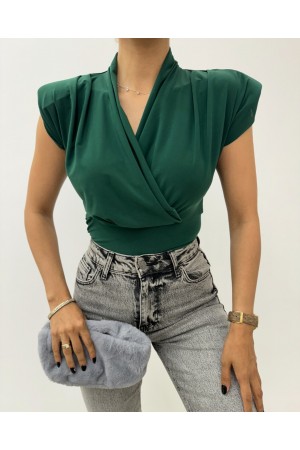 Sıfır Kol Vatkalı Kruvaze Model Sandy Bluz -Zümrüt