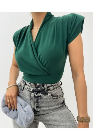 Sıfır Kol Vatkalı Kruvaze Model Sandy Bluz -Zümrüt