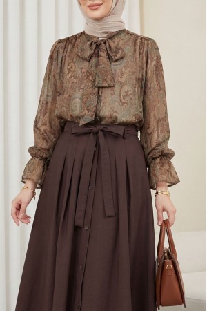 Yakası Bağlamalı Etnik Desen Kolu Lastikli Şifon Bluz  -Kahve