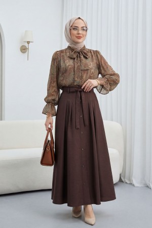 Ethnic Patterned Chiffon Blouse with Tie Neckline and Elasticated Sleeves -Brown
