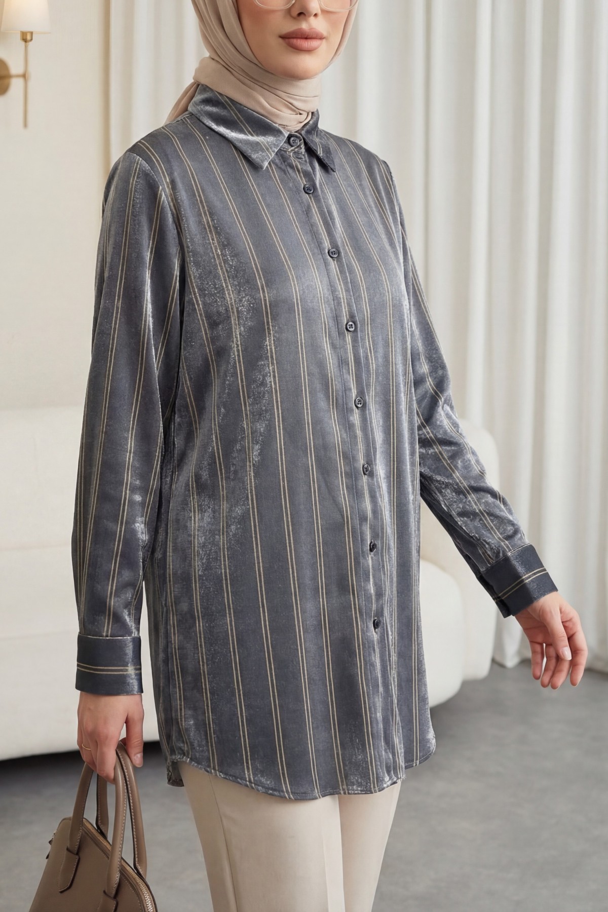 Striped Ribbon Shirt -Anthracite