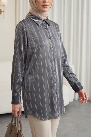 Çizgili Janjanlı Gömlek -Antrasit