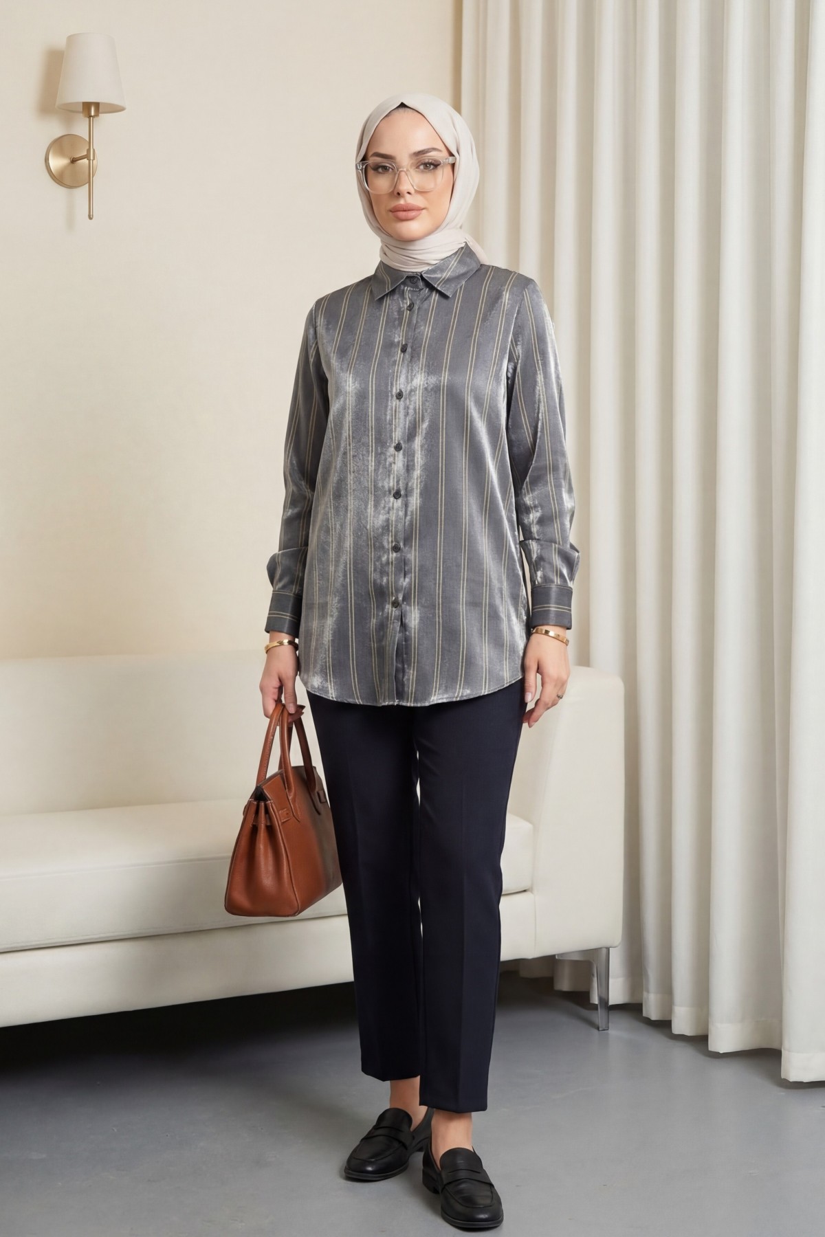 Striped Ribbon Shirt -Anthracite
