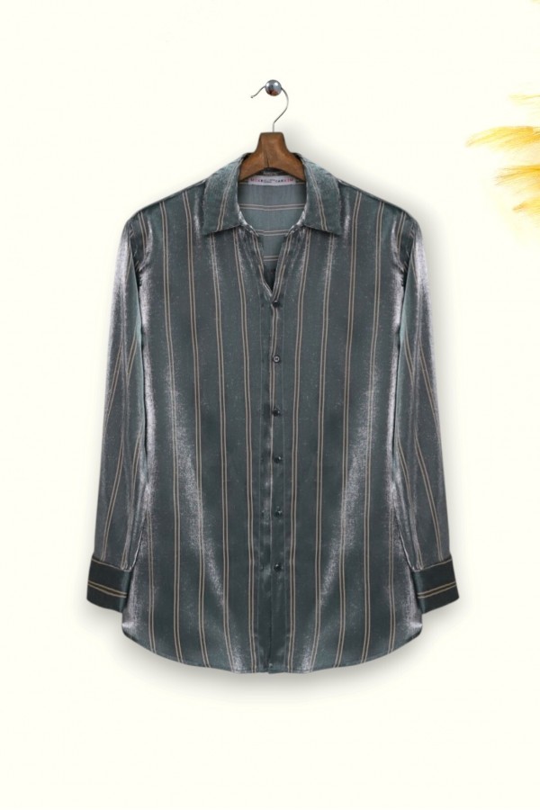 Striped Ribbon Shirt -Khaki