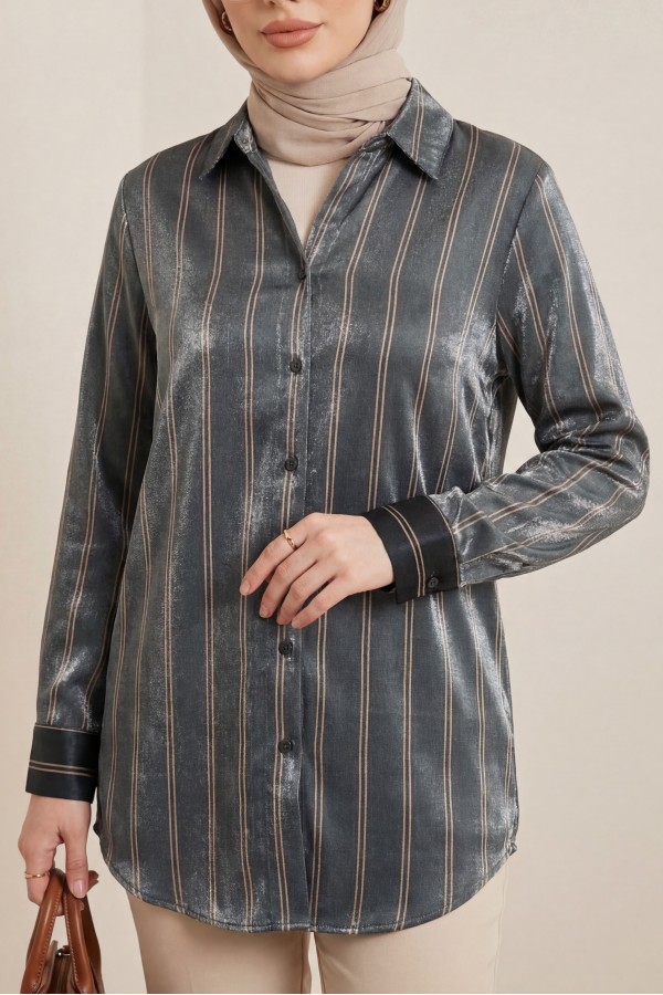 Striped Ribbon Shirt -Khaki