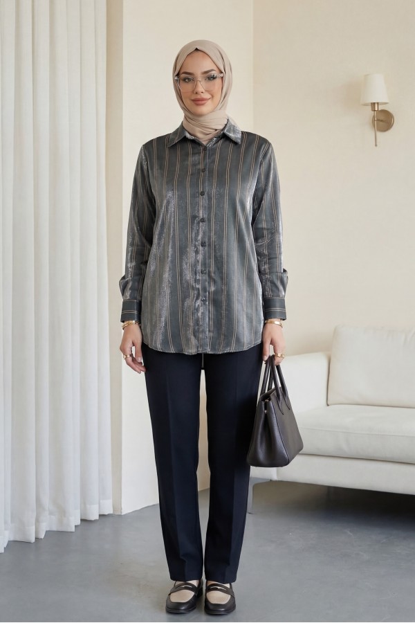 Striped Ribbon Shirt -Khaki