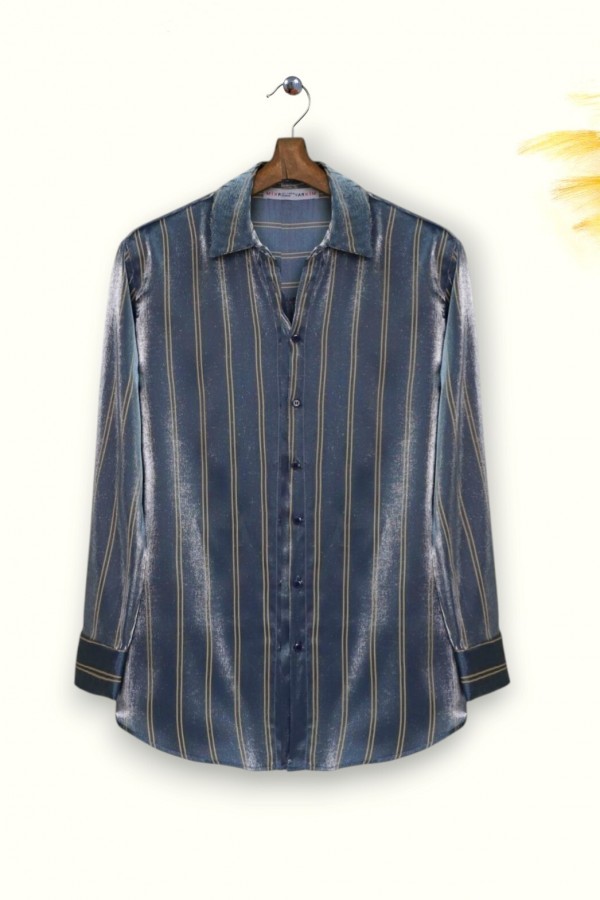 Striped Ribbon Shirt -İndigo