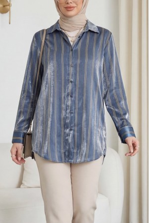 Çizgili Janjanlı Gömlek -İndigo