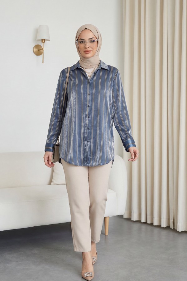 Striped Ribbon Shirt -İndigo