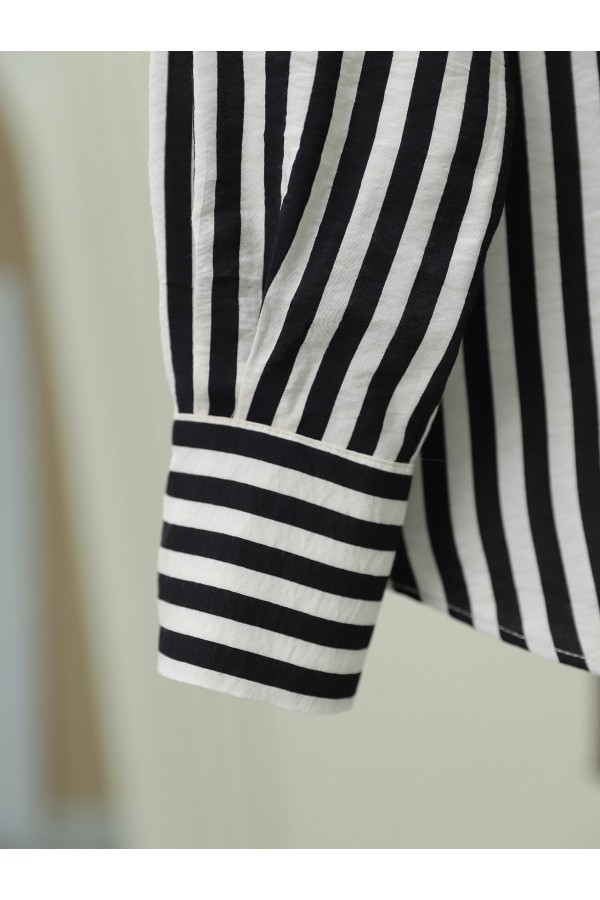 Striped Oversize Button-Down Shirt -Black